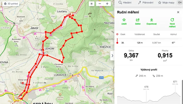 Map of the walking route from Loučany to Strážov and back