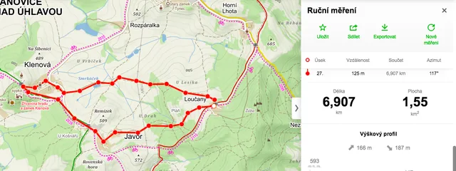 Map of the walking route from Loučany to Klenová Castle