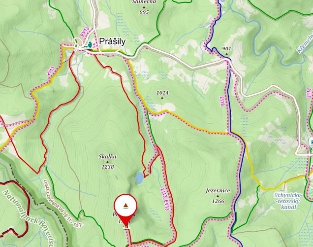 Map of the walking route from Prášily to Poledník